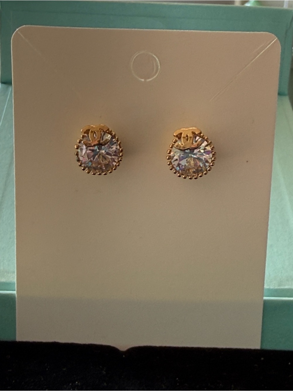 ChaneI Gold-Tone Crystal Stud Earrings with Logo - Picture 8 of 9